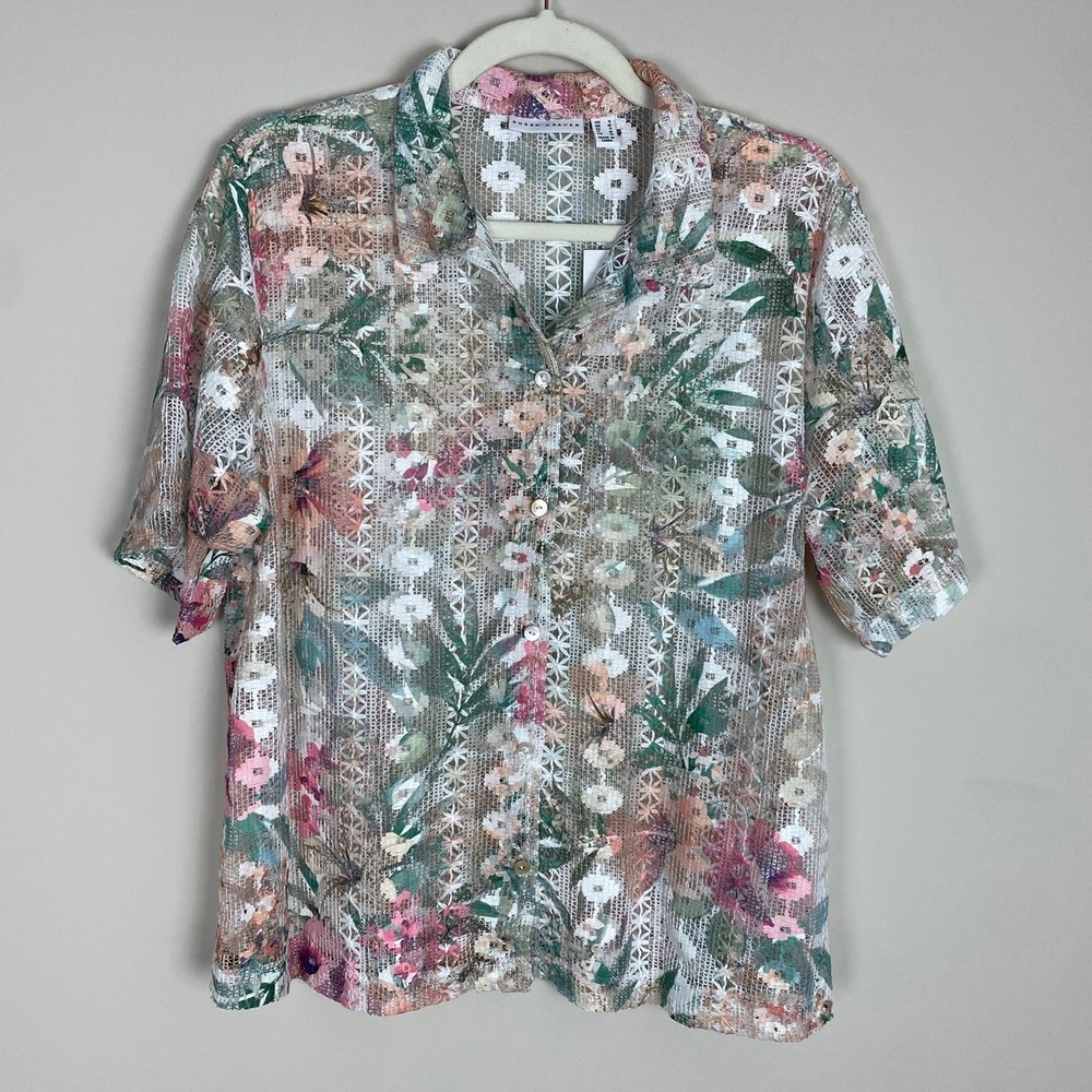 Susan Graver Floral Lace Button Down Shirt Womens Small Sheer Fairy Romantic
